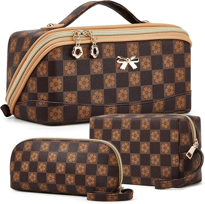 YTL Travel Makeup Bag, Large Capacity Cosmetic Bag for Women, Waterproof PU Leather, Flat Open Portable Toiletry Bag for Skincare, Brushes & Travel Essentials