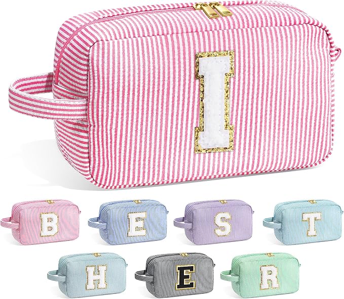 YOOLIFE Initial Cosmetic Bag for Women - Monogram Cute Makeup Bag Cosmetic Case Toiletry Pouch for Women Her Best Friend Sister Teacher, Personalized Birthday Gifts for Women, Pink I