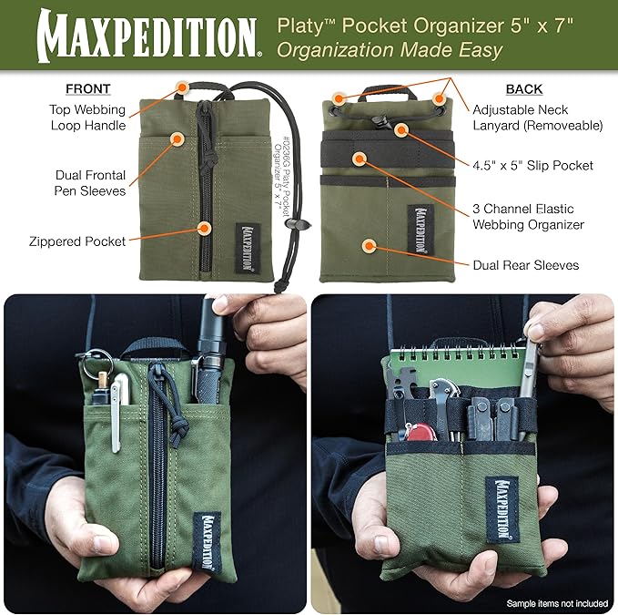 MAXPEDITION Platy Pocket Organizer, Durable EDC Tool Pouch for Men, Neck Wallet with Paracord Lanyard, Holds Flashlight, Multitool, Pen, Notebook