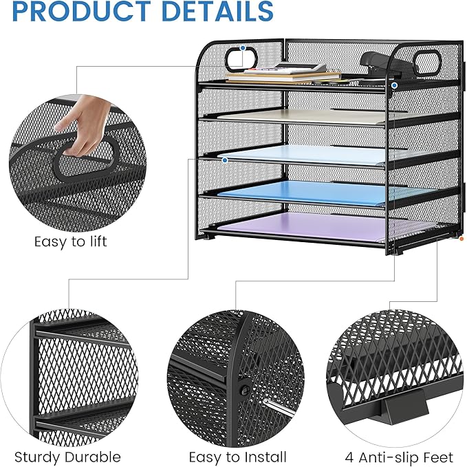 Paper Organizer Letter Tray with Handle Mesh 5 Trays Desk File Organizer Paper Sorter Desk Organizer for Office, Home or School-Black 2 Pack