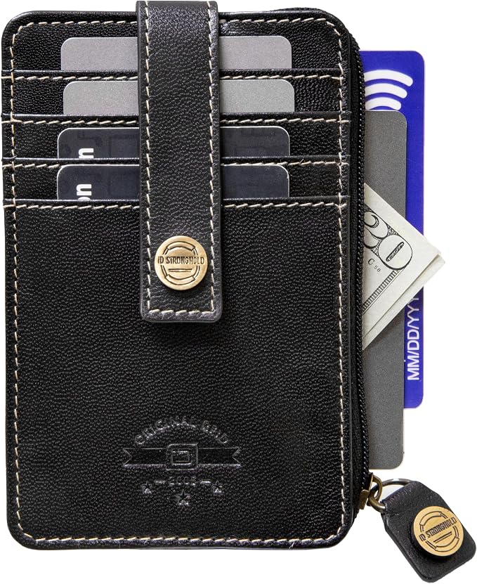 ID Stronghold RFID Blocking Front Pocket Wallet – Slim Minimalist Genuine Leather Wallet with Zipper Coin Pocket (Mega Black)