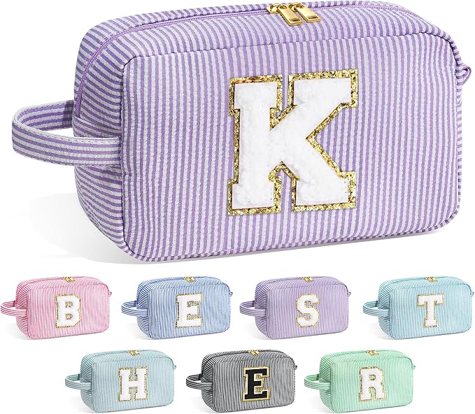YOOLIFE Gifts for Women Teen Girls Kids - Initial Makeup Bag Cosmetic Case Toiletry Pouch, Birthday Gifts for Women Friends Sister Teacher, Purple K