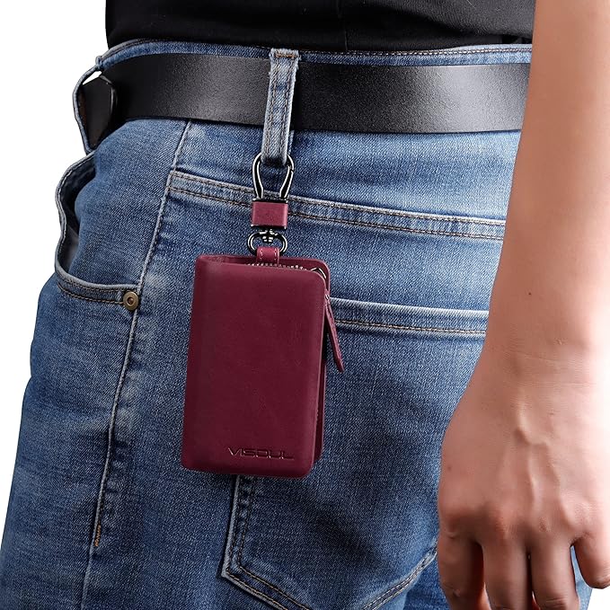 VISOUL Car Key Case Holder Double Zipper, Leather Car Smart Key Fob Case with Keychain for Men and Women