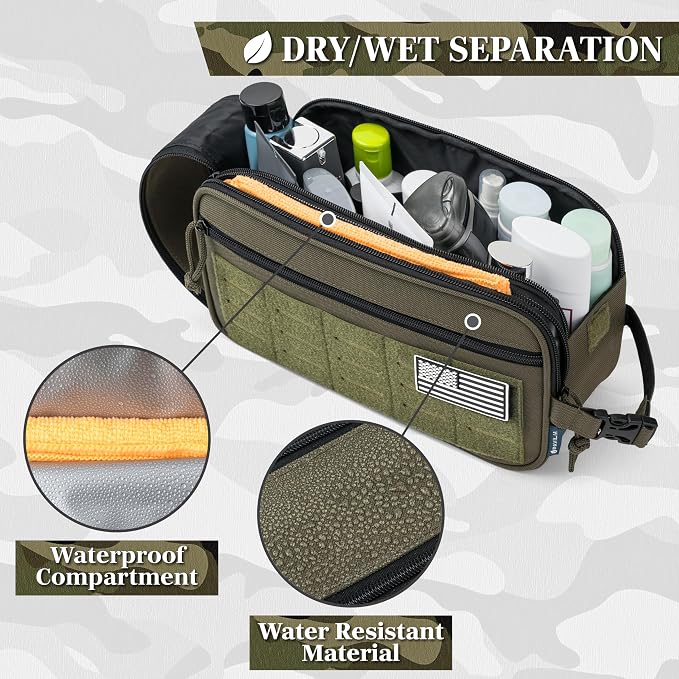 PAVILIA Tactical Toiletry Bag for Men, Water Resistant Molle Military Dopp Kit, Travel Hygiene Organizer with Wet Dry Storage for Shaving, Grooming, Gym and Camping, Olive XL