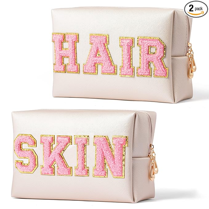 Y1tvei 2Pcs Preppy Patch SKIN HAIR Varsity Letter Cosmetic Toiletry Bag Pink Letter Makeup Bag Zipper Pouch Storage Portable Purse Waterproof Travel Organizer Gift for Women Teen Girls (Shell Gold)