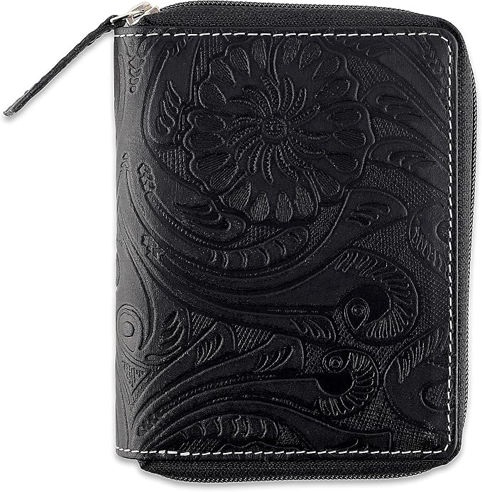 Passport Wallet - Travel Document Holder w/RFID Blocking – Full Grain Leather – Bifold compact zip around Wallet with Credit Card Slots for Women and Men, black floral,500-40