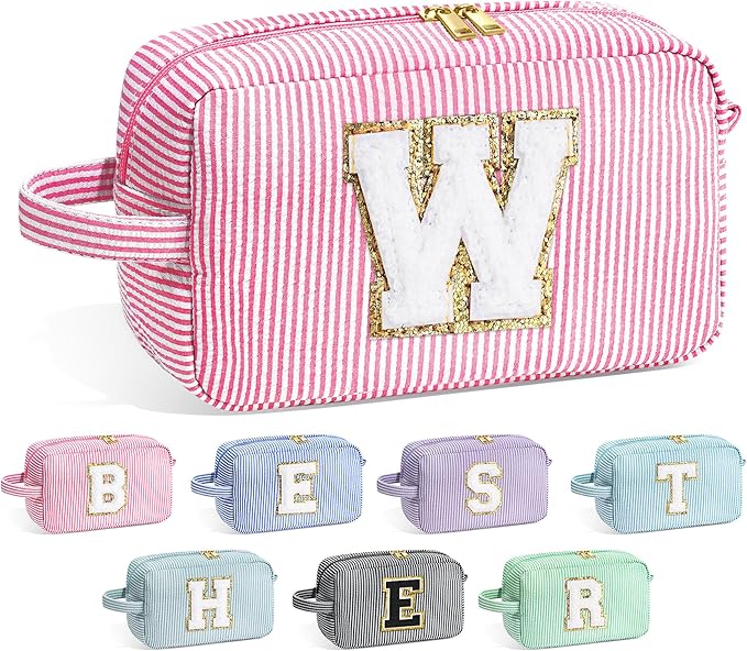 YOOLIFE Initial Cosmetic Bag for Women - Monogram Cute Makeup Bag Cosmetic Case Toiletry Pouch for Women Her Best Friend Sister Teacher, Personalized Birthday Gifts for Women, Pink W