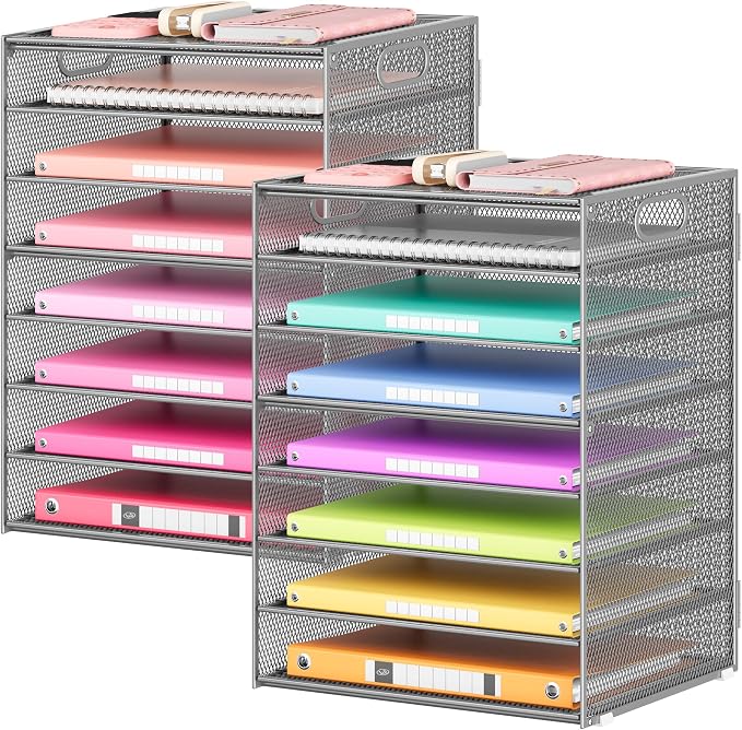 Lavatino 2 Pack 8-Tier Office Desk File Organizer, Letter Tray Paper Organizer with Handle, Including 5 Adjustable Slide Trays for Organizing Desk Workspace Accessories and Supplies (Silver Mesh)
