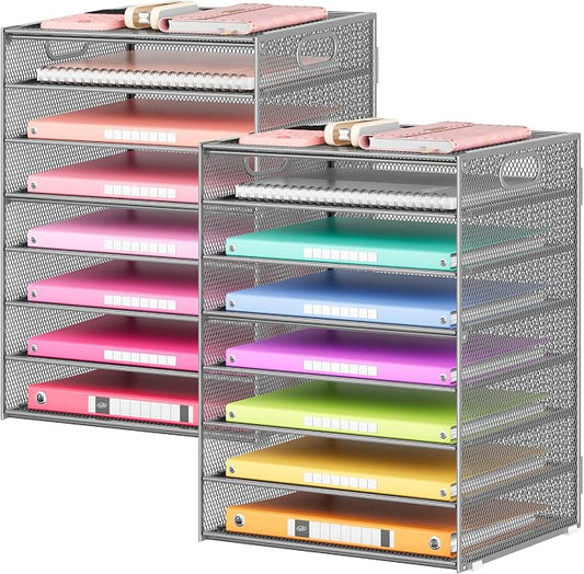 Lavatino 2 Pack 8-Tier Office Desk File Organizer, Letter Tray Paper Organizer with Handle, Including 5 Adjustable Slide Trays for Organizing Desk Workspace Accessories and Supplies (Silver Mesh)