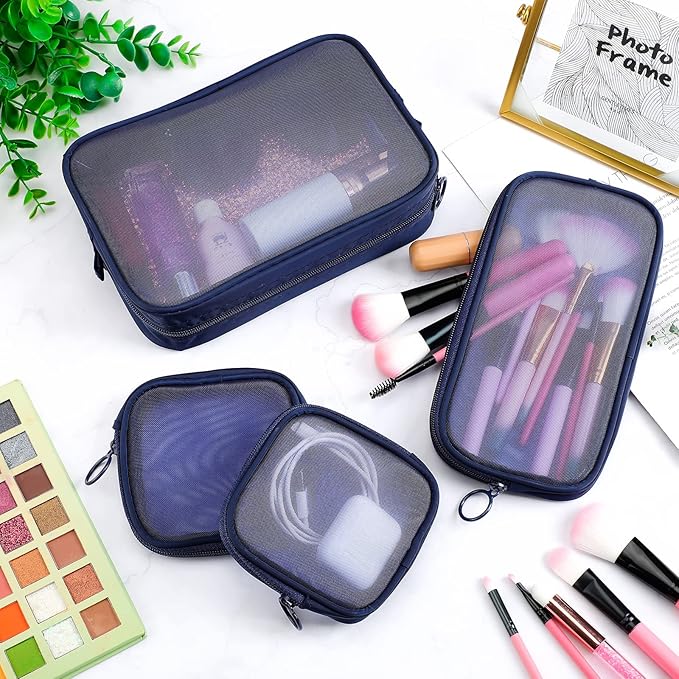 Weewooday 4 Pcs Mesh Makeup Bag Mesh Cosmetic Bag Travel Toiletry Pouch with Zipper Mini Makeup Cosmetic Purse for Daily Accessory(Small, Large, Medium,Navy Blue)
