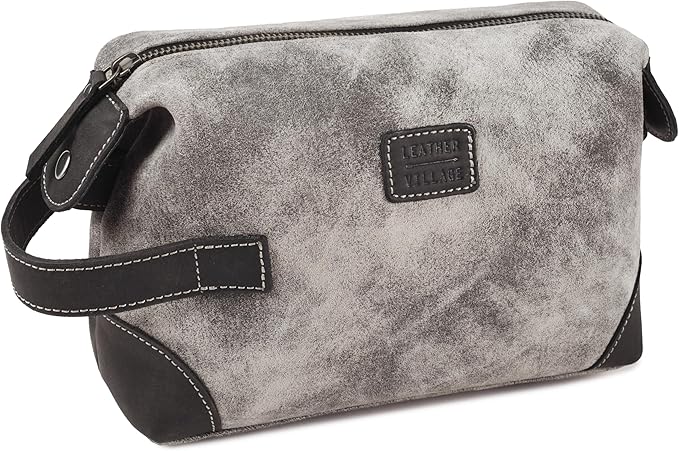 LEATHER VILLAGE Genuine Leather Dopp Kit for Men & Women – Travel Vintage Toiletry Bag with Waterproof Lining, Shaving & Bathroom Essentials Organizer - Distressed Grey