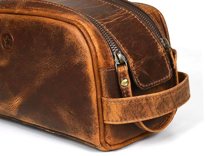 10" Premium Leather Toiletry Travel Pouch With Waterproof Lining Black Color | King-Size Handcrafted Vintage Shaving Kit By Aaron Leather Goods