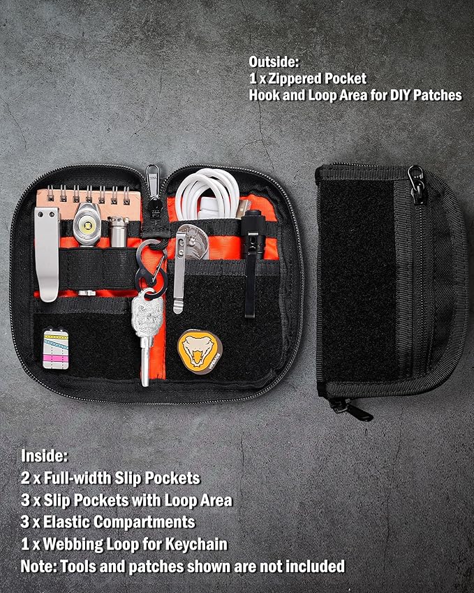 VIPERADE VE21 EDC Pouch Small Pocket Organizer with 9 Compartments, Pocket Tool Pouch with Patches Display Panel, Mini Organizer Bag for Men (Black)