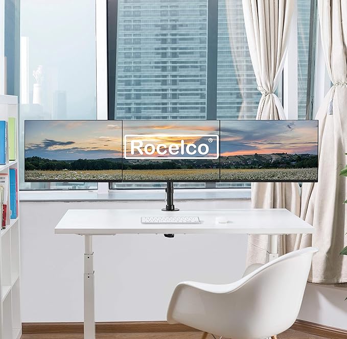 Rocelco Premium Triple Monitor Desk Mount - Standard Pattern Fits 13" - 27" LED LCD Flat Computer Screen - Three Articulated Full Motion Adjustable Arms - Grommet and C Clamp - Black (R DM3)