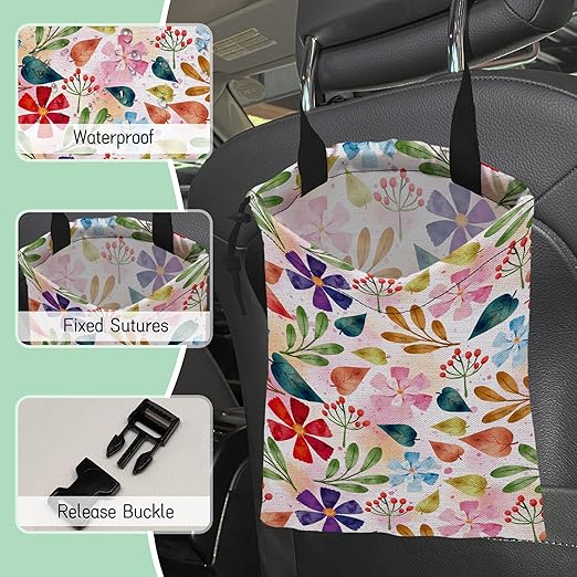 Spring Flower Car Garbage Bag,Waterproof Small Car Trash Bag Hanging Back of Seat,Drawstring Hanging Car Trash Bag with Adjustable Buckle for Car Accessories