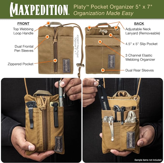 MAXPEDITION Platy Pocket Organizer, Durable EDC Tool Pouch for Men, Neck Wallet with Paracord Lanyard, Holds Flashlight, Multitool, Pen, Notebook