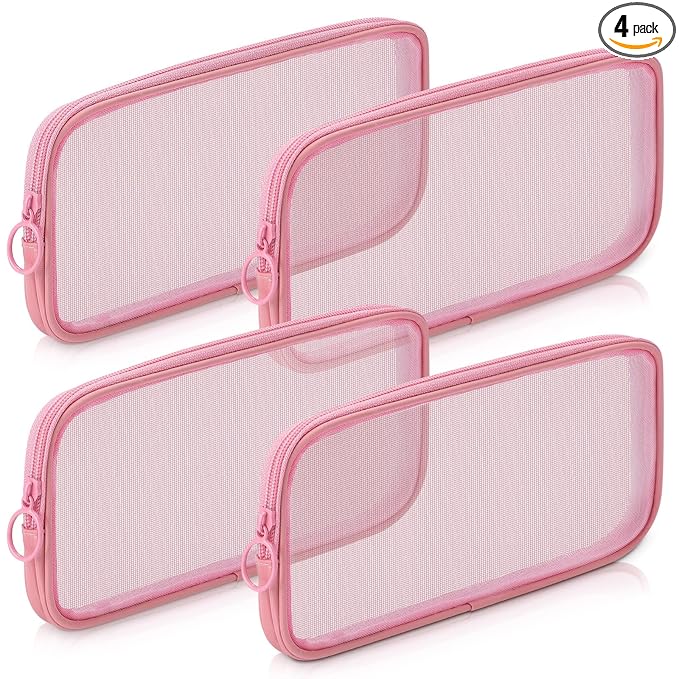 Weewooday 4 Pcs Mesh Makeup Bag Mesh Cosmetic Bag Toiletry Pouch with Zipper Mini Makeup Cosmetic Purse for Daily Accessory(Medium,Pink)