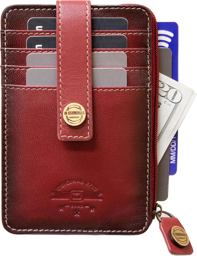 ID Stronghold RFID Blocking Front Pocket Wallet – Slim Minimalist Genuine Leather Wallet with Zipper Coin Pocket (Mega Red)