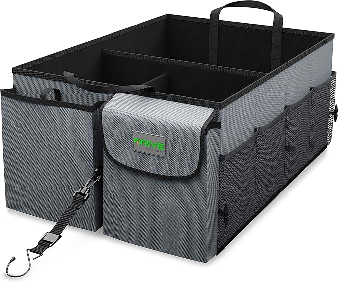 DRIVE - Car Trunk Organizer - Collapsible, Multi-Compartment Automotive SUV Car Organizer for Storage w/Adjustable Straps - Truck & Car Accessories for Women and Men - Grey