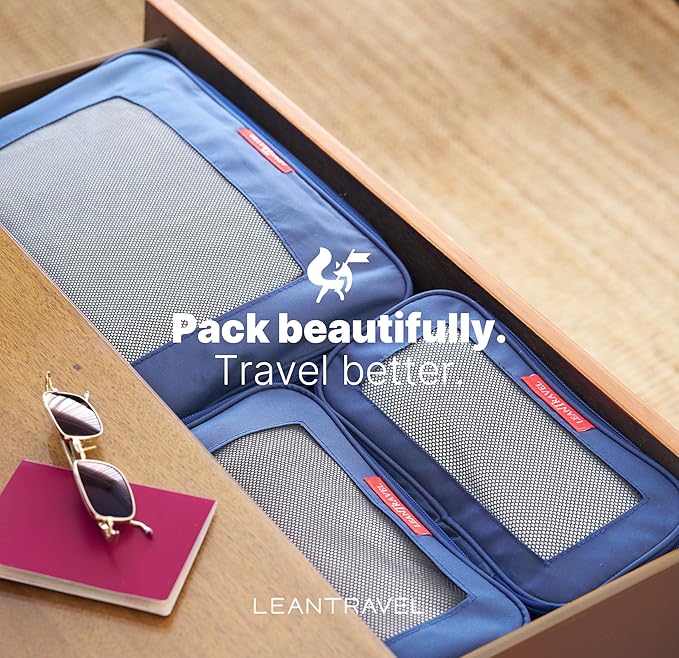 LeanTravel Premium Compression Packing Cubes for Travel - Suitcase Organizer Bags with Double Zipper & Breathable Mesh Panel - Space Saving Carry On Luggage Essentials (3-Pack, Navy Blue)