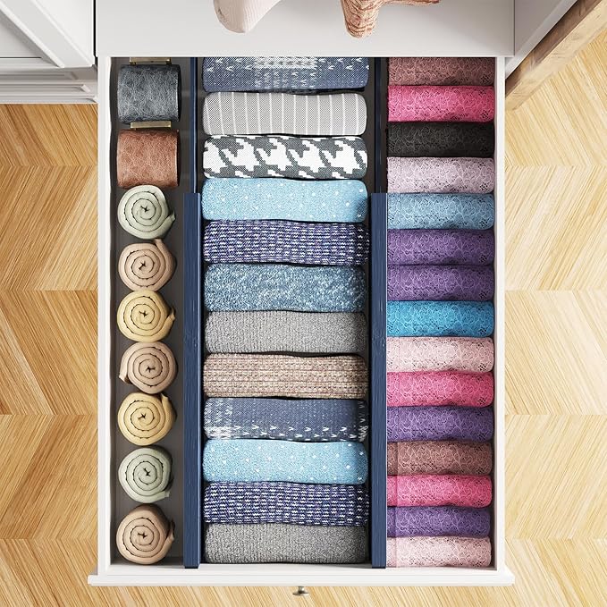 SpaceAid Bamboo 4 Pack Dresser Drawer Dividers, 4.65??High Adjustable 17??22??Drawer Organizers, Expandable Organization for Clothing, Clothes, Dressers, Navy Blue