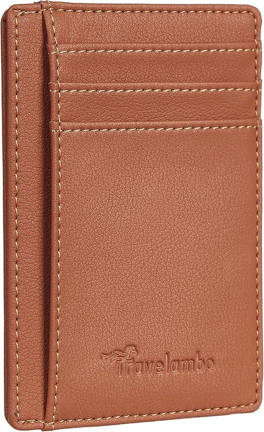 Travelambo Front Pocket Minimalist Leather Slim Wallet RFID Blocking Medium Size