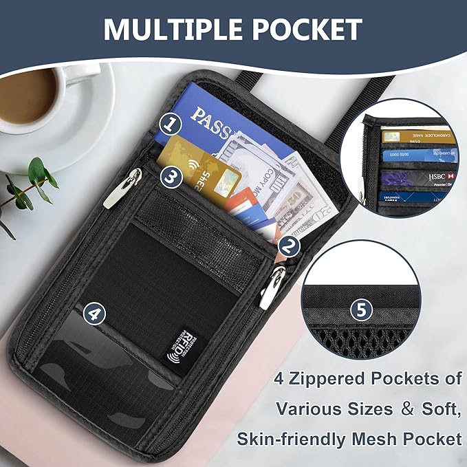 Likesing 5.5" L x 7.7" W Travel Neck Wallet, RFID Blocking Passport Holder for Travel Women Men, Security Passport Travel Wallet with 10 Card Slot, Neck Pouch Gifts for Traveling Family (Black)