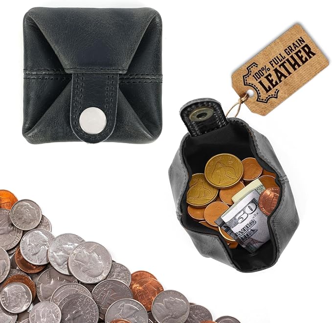 Leather Coin Pouch - Compact Change Holder and Mini Pocket Wallet for Men & Women (Black)