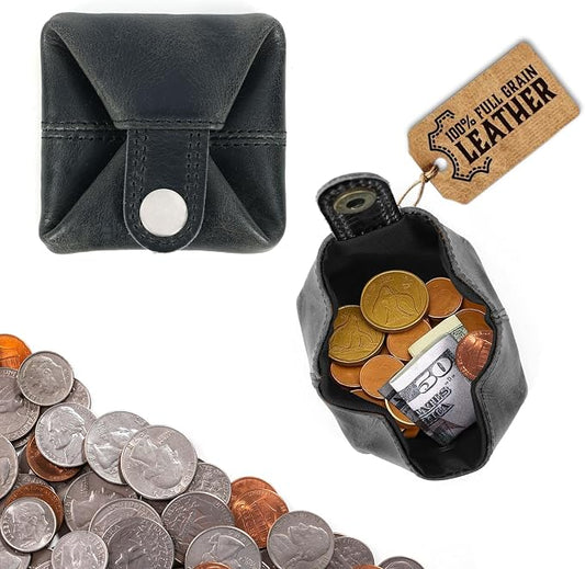 Leather Coin Pouch - Compact Change Holder and Mini Pocket Wallet for Men & Women (Black)