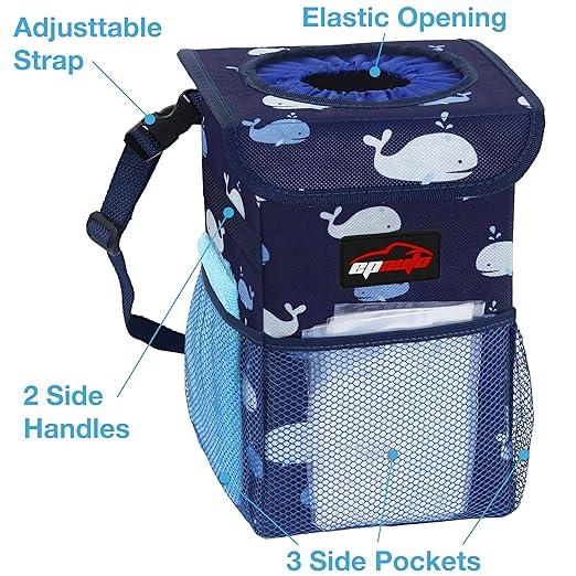 EPAuto Waterproof Car Trash Can with Lid and Storage Pockets, 1.8 Gallon, Blue