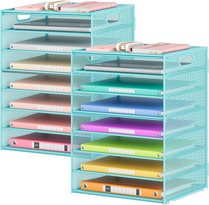 Lavatino 2 Pack 8-Tier Office Desk File Organizer, Letter Tray Paper Organizer with Handle, Including 5 Adjustable Slide Trays for Organizing Desk Workspace Accessories and Supplies (Blue Metal Mesh)
