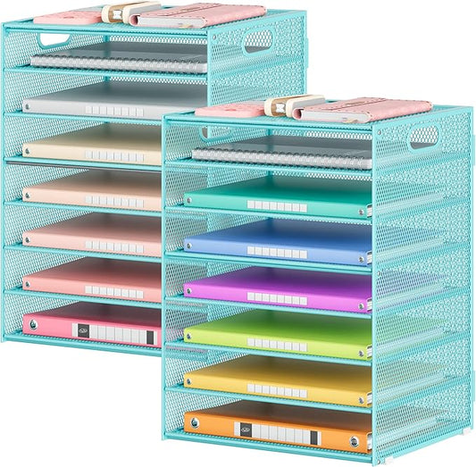 Lavatino 2 Pack 8-Tier Office Desk File Organizer, Letter Tray Paper Organizer with Handle, Including 5 Adjustable Slide Trays for Organizing Desk Workspace Accessories and Supplies (Blue Metal Mesh)