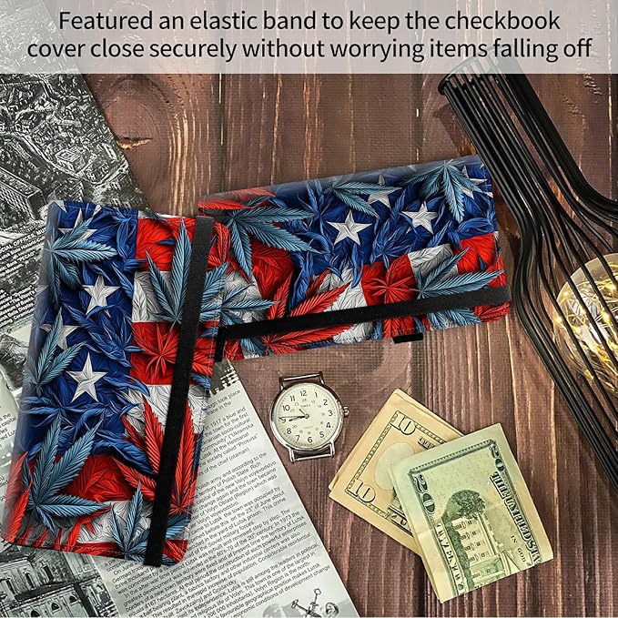 FUYOCWE Checkbook Covers for Personal Checkbook,Leather Checkbook Cover for Business/Personal Checks,RFID Blocking Check Book Cover Holder Wallets for Men Women-American Flag Leaf
