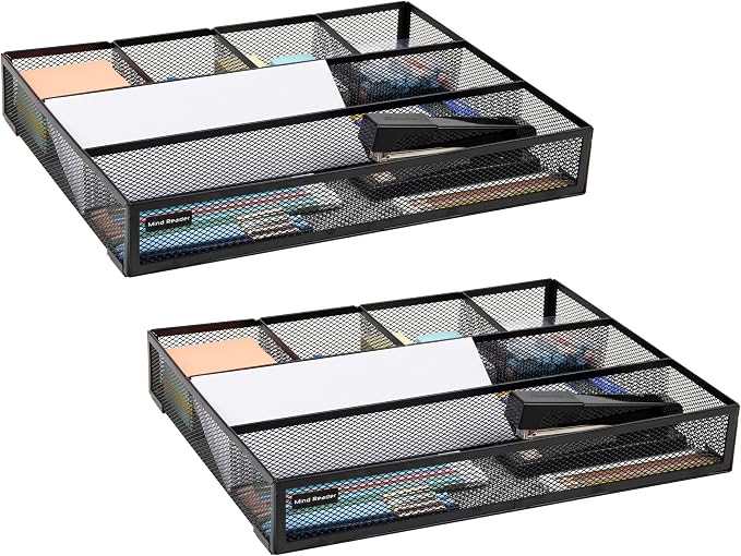 Mind Reader 6-Compartment Drawer Organizer, Metal Mesh Desk Organizer for Office, Kitchen, Utensils, Supplies, Set of 2, Black