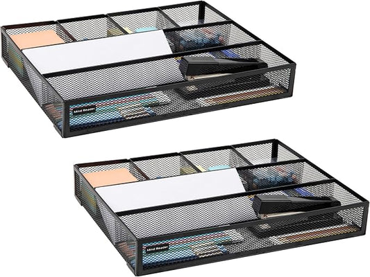 Mind Reader 6-Compartment Drawer Organizer, Metal Mesh Desk Organizer for Office, Kitchen, Utensils, Supplies, Set of 2, Black