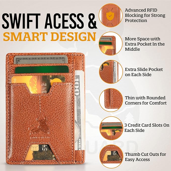 BULL GUARD Mens RFID Blocking Leather Slim Card Case Wallet with Easy Access ID windows, Cash & Card Slots, Crafted with Premium Top Grain Leather Ideal for Travel or Everyday Use (Wild Buffalo Brown)