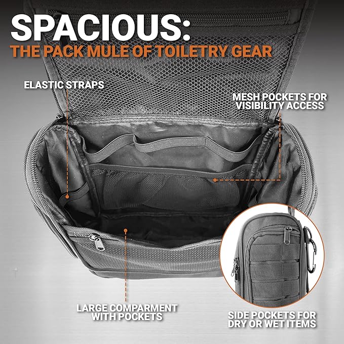 Chef Sac Tactical Toiletry Bag Dopp Kit, Hanging Travel Organizer with 12 Compartments, MOLLE Webbing, Detachable Paracord Handle, Heavy Duty Zippers, Mens Shower Bag for Travel