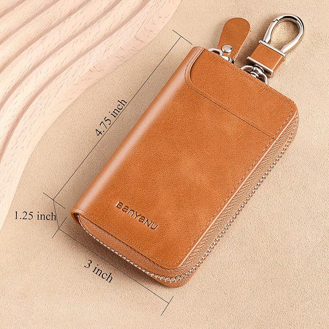 Car Key Case for Men and Women, Apricot Genuine Leather Card Holder Wallet Keys Pouch Organizer Bag with 6 Keychain Hooks, 3 Cards Slot (Apricot w/Keychain)