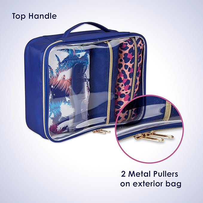 Conair 5 Piece Toiletry and Cosmetic Bag Set Under $30, Includes 4 Makeup Bags and 1 Travel Comb in Blue Palm Prints (Pack of 2)