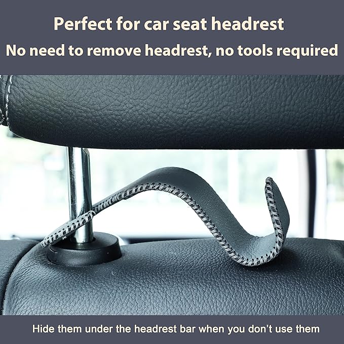 Amooca Car Seat Headrest Hook Universal Vehicle Storage Hanger Leather with Metal Car Seat Back Organizer for Handbag Purse Coat Grey 2 Pack