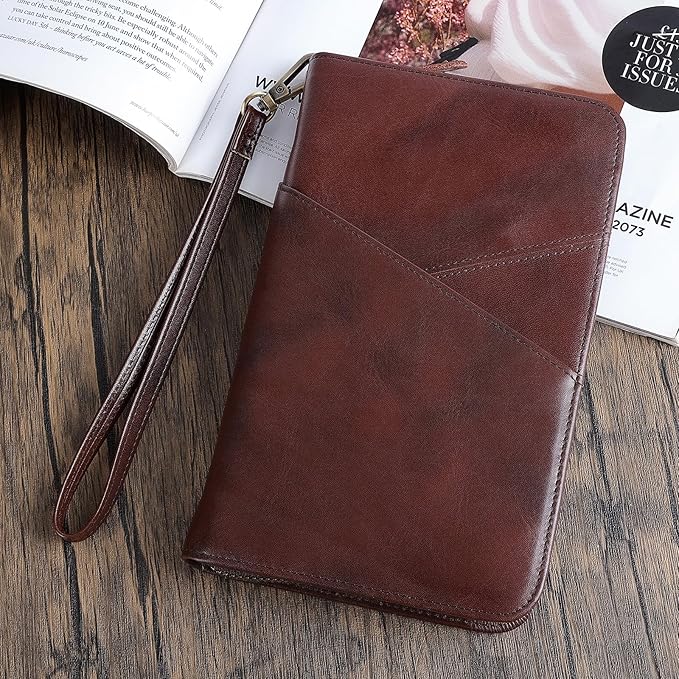 Polare Full Grain Leather Passport Holder With YKK Zipper RFID Blocking Travel Document Organizer Ticket Holder Cover Case Holds 2 Passports (Coffee)
