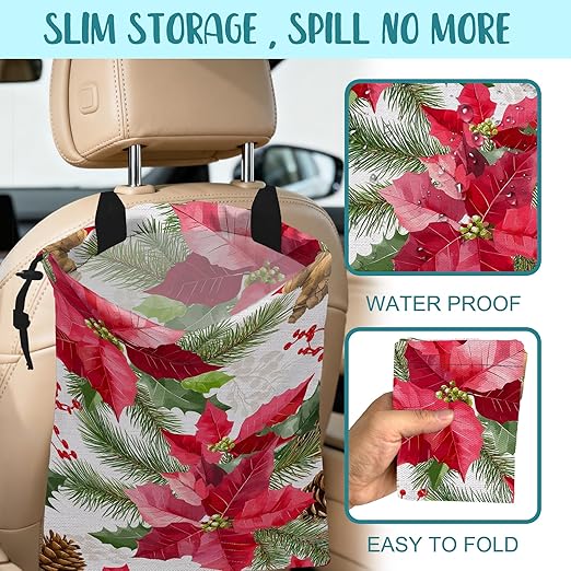 Car Garbage Bag Red Poinsettia Xmas Green Leaves Drawstring Car Trash Bag Hanging for Back Seat with Adjustable Buckle Canvas Vehicle Trash Can Easy-to-Install