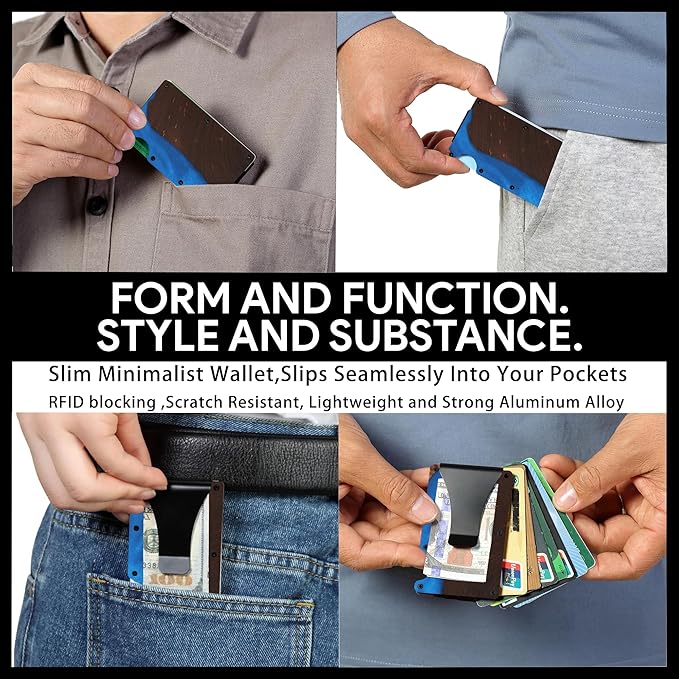 Slim Wallet for Men,RFID Blocking Minimalist Metal Wallet, Money Clip/Cash Holder, Front Pocket Aluminum Credit Card Holder, Ideal Gift for Men,Resin Dark Blue Wood
