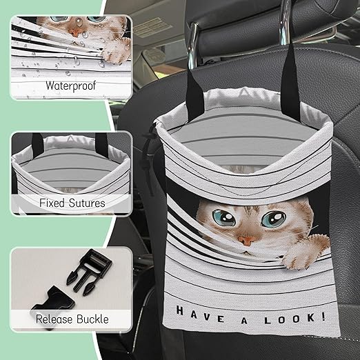 Cute Cat Car Garbage Bag,Waterproof Small Car Trash Bag Hanging Back of Seat,Drawstring Hanging Car Trash Bag with Adjustable Buckle for Car Accessories