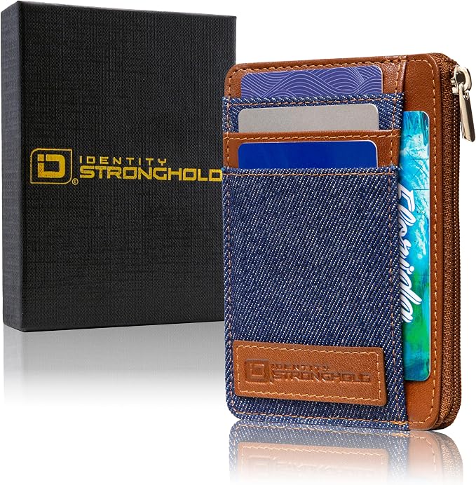 ID Stronghold RFID Blocking Front Pocket Wallet – Slim Minimalist Genuine Leather Wallet with Zipper Coin Pocket (Denim)