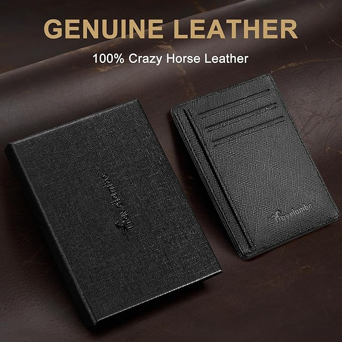Travelambo 100% Genuine Leather Wallet for Men and Women, Slim Minimalist RFID Blocking Front Pocket Credit Card Holder with Gift Box(Cross Black)