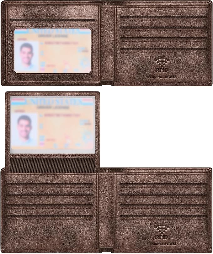 Travelambo Genuine Leather Wallet for Men with Gift Box - Handmade Bifold Stylish - Mens Wallets Rfid Blocking with 2 ID Windows