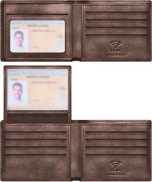 Travelambo Genuine Leather Wallet for Men with Gift Box - Handmade Bifold Stylish - Mens Wallets Rfid Blocking with 2 ID Windows