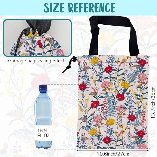 Car Garbage Bag Colorful Flowers and Leaves Drawstring Car Trash Bag Hanging for Back Seat with Adjustable Buckle Canvas Vehicle Trash Can Easy-to-Install
