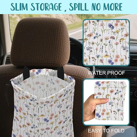 Car Garbage Bag Watercolor Wildflowers Drawstring Car Trash Bag Hanging for Back Seat with Adjustable Buckle Canvas Vehicle Trash Can Easy-to-Install